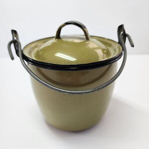 Vintage Green Enameled Metal Pot with Lid and Handle